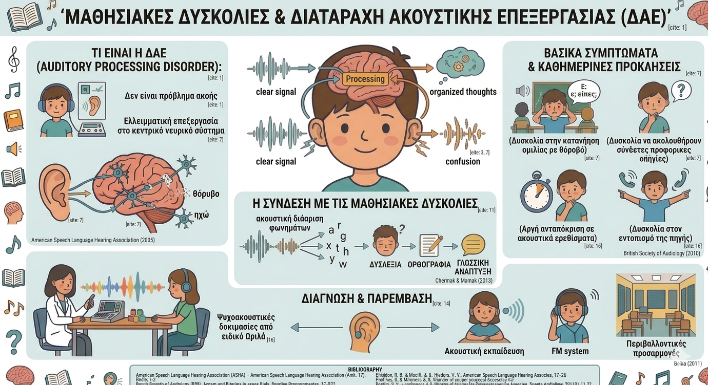 Επεξηγηματικό γράφημα για τις Μαθησιακές Δυσκολίες και τη Διαταραχή Ακουστικής Επεξεργασίας (ΔΑΕ): τι είναι, συμπτώματα και προκλήσεις