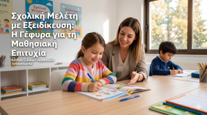 Εκπαιδευτικός βοηθάει παιδιά με σχολική μελέτη και εξειδικευμένη μαθησιακή υποστήριξη